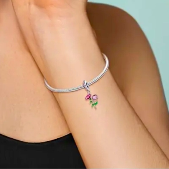 925 Sterling Silver Floral Charm Pendant with Pink and Green Accents - NWT - Picture 5 of 5